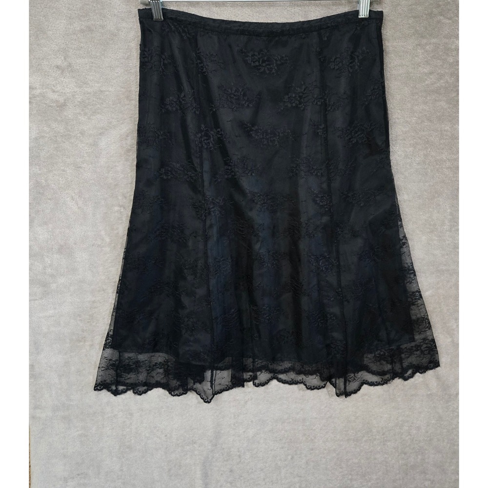 Nine West Skirt Women 12 Black Lace Overlay Floral Goth Whimsigoth Dark Coquette